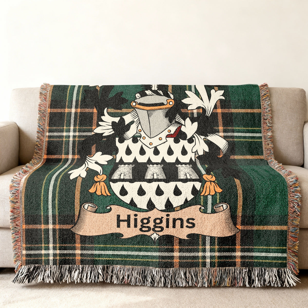 Higgins surname cotton woven throw with Irish tartan-style background