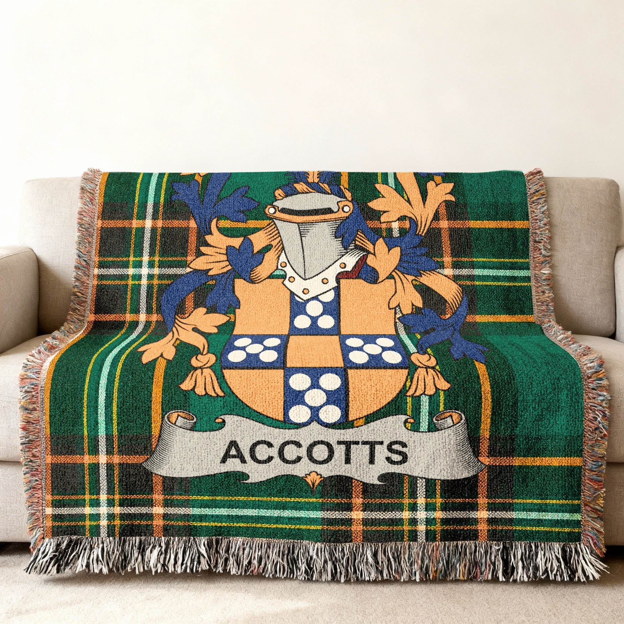 Accotts family name woven cotton blanket in Irish National Tartan with fringed edges