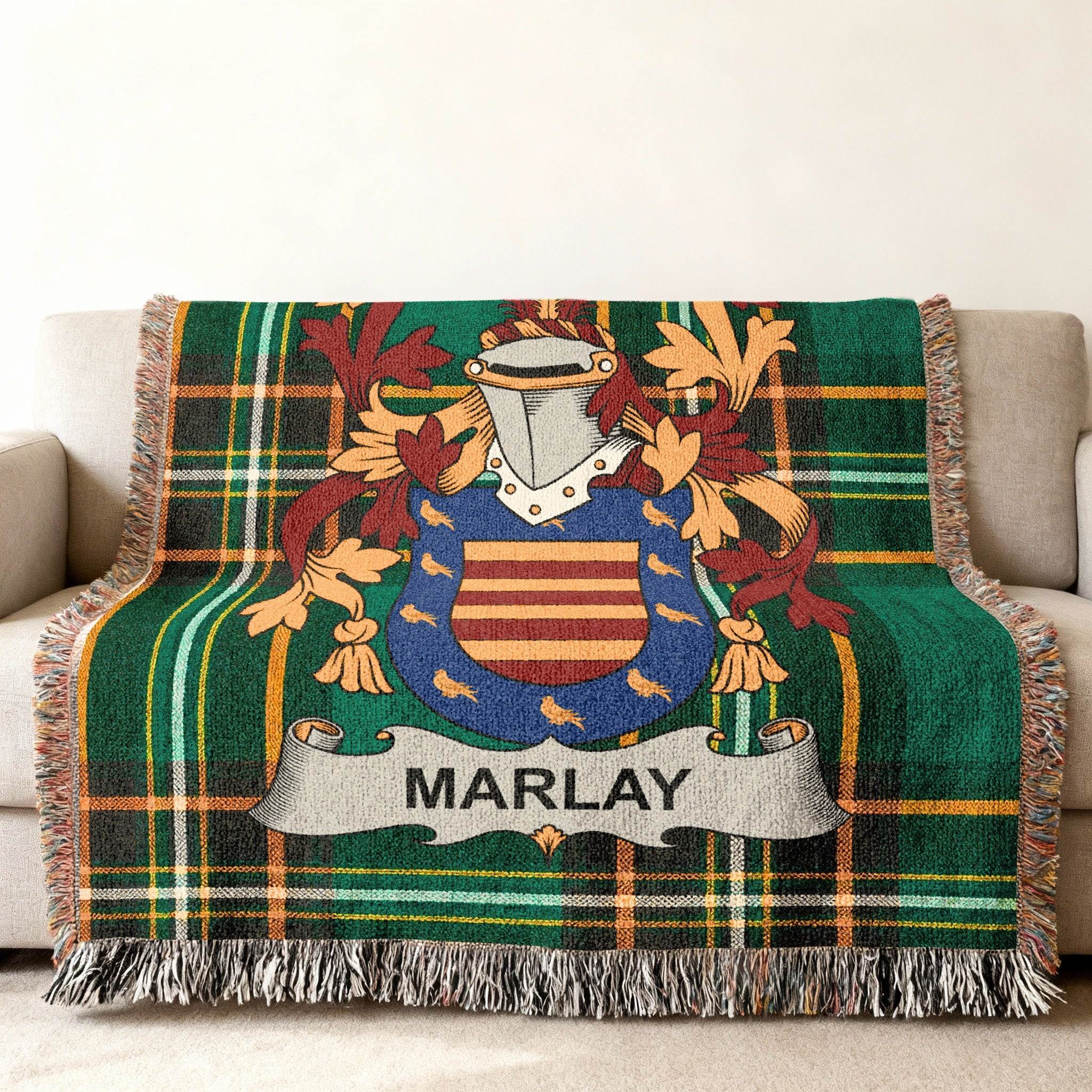 Green tartan blanket with a coat of arms and "MARLAY" banner.