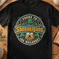 Black T-shirt with “Prone to Shenanigans and Malarkey” Irish pub graphic with shamrocks and beer mugs.