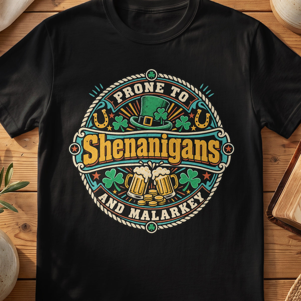 Black T-shirt with “Prone to Shenanigans and Malarkey” Irish pub graphic with shamrocks and beer mugs.