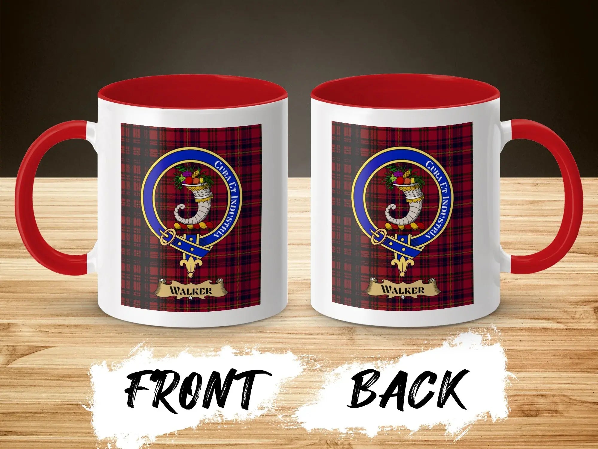Walker tartan-background crest mug shown as a Scottish heritage gift