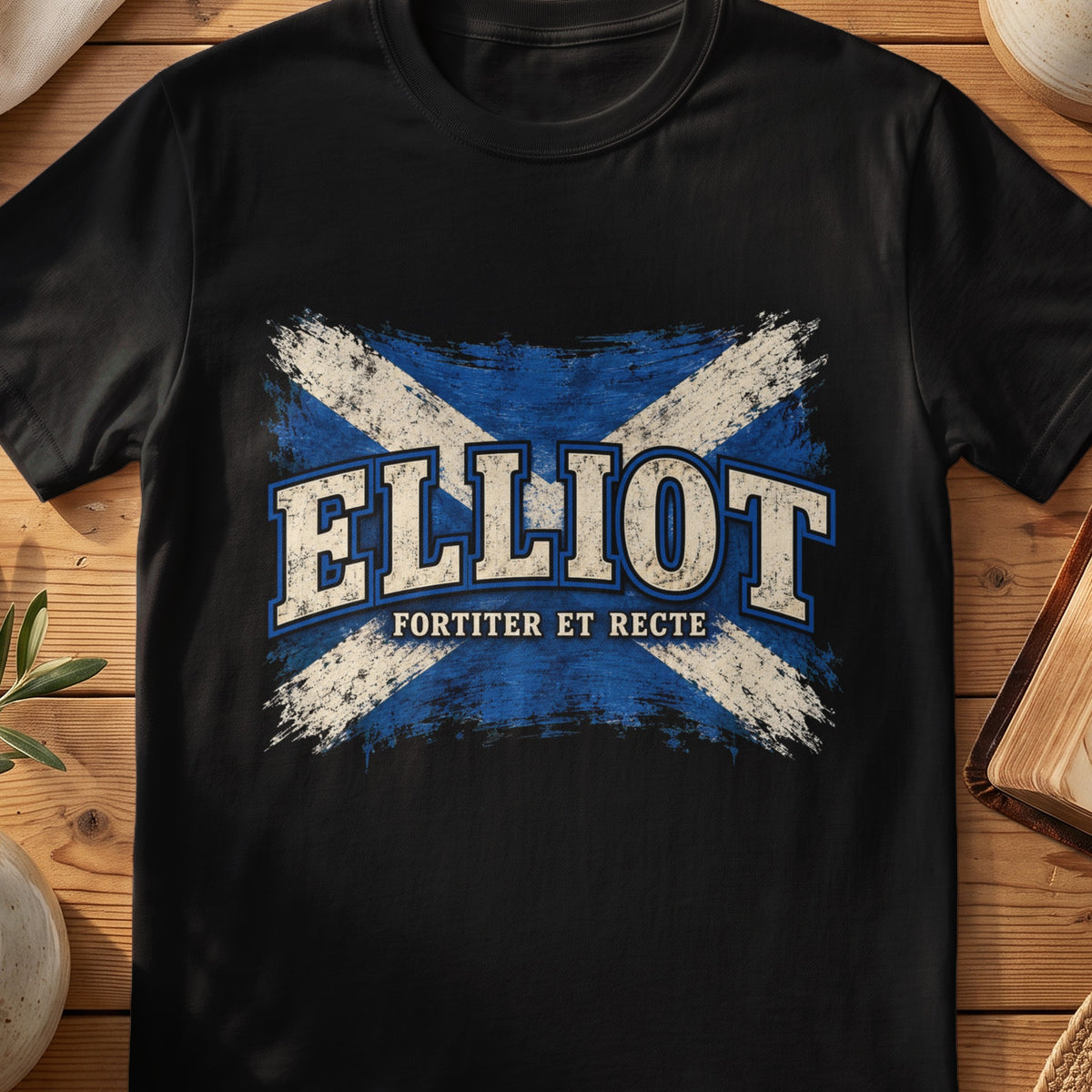 Elliot Scottish Saltire T-shirt in Black, with distressed blue and cream flag and “Fortiter et Recte” lettering.