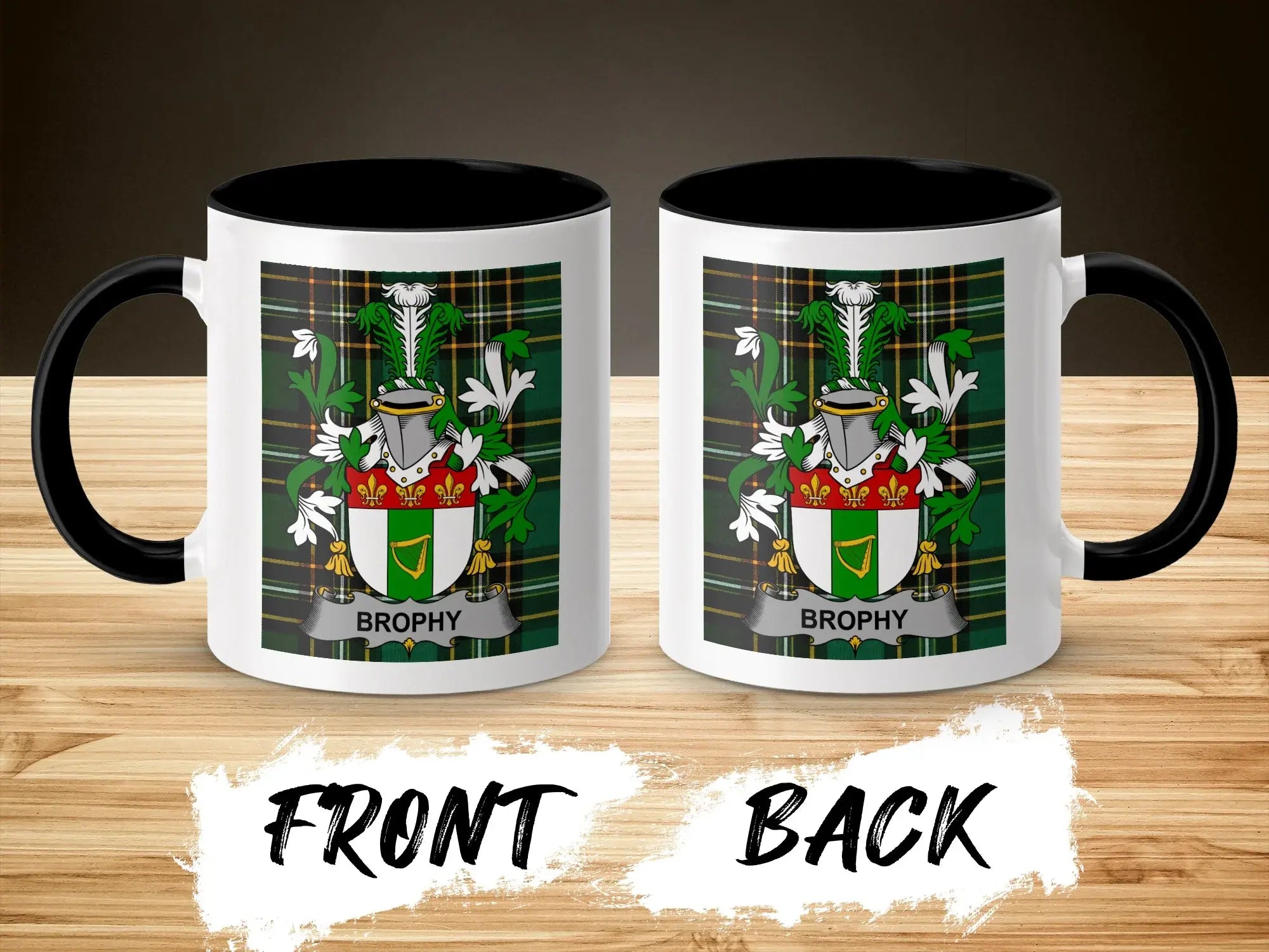 Two white mugs with black handles, each featuring the Brophy coat of arms on a green tartan background.