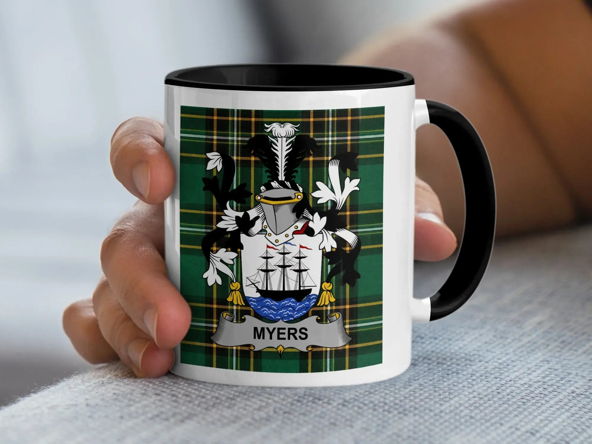 Myers Irish family crest black accent mug