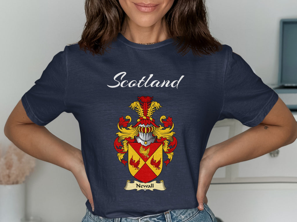 Newall Scottish family shield design on Navy T-shirt