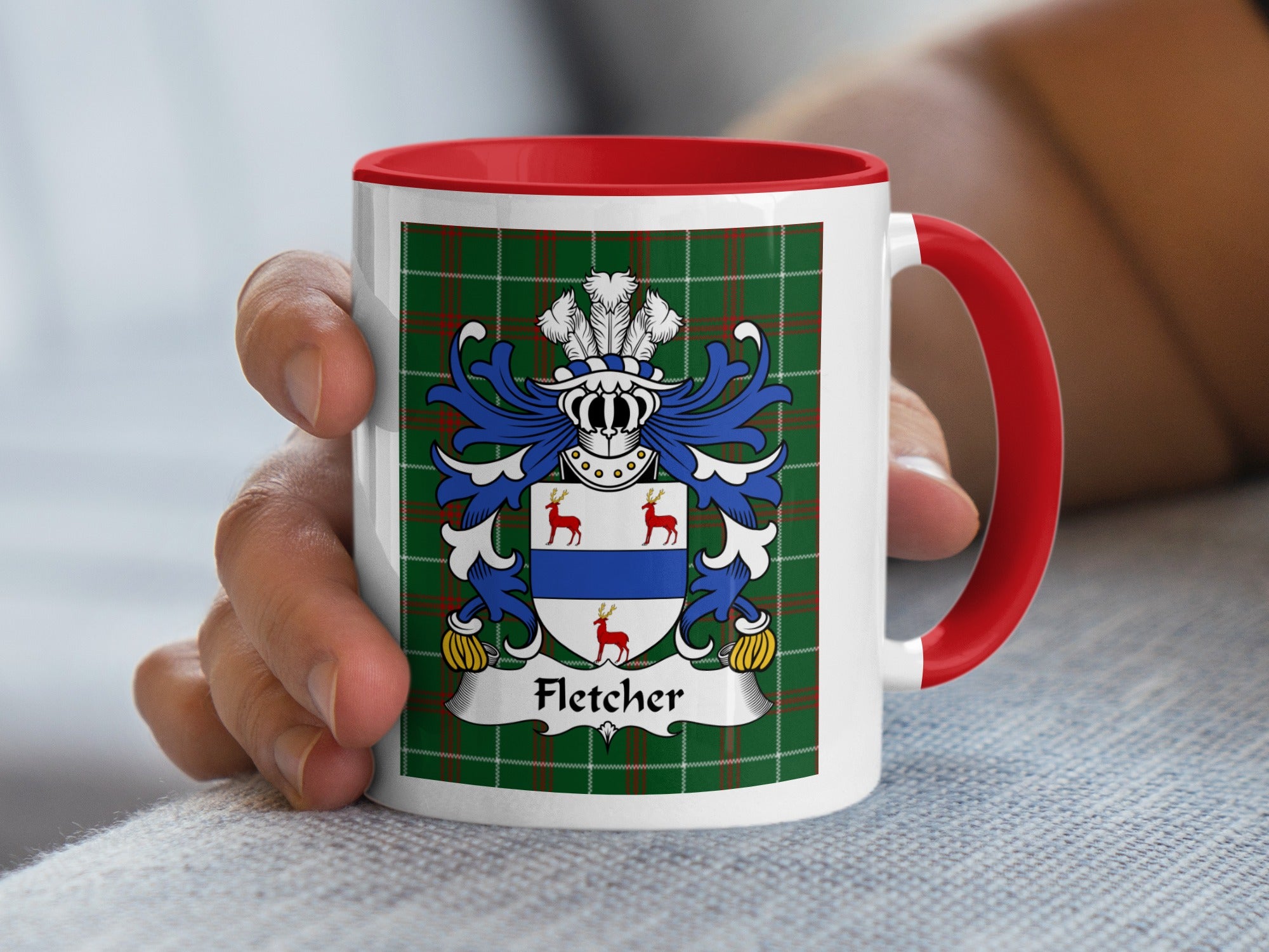 Fletcher Welsh family crest mug on Welsh National Tartan