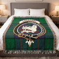 Clan Lockhart woven tartan blanket — cotton weave with fringe edging and Corda Serrata Pando crest, 52x37 inch