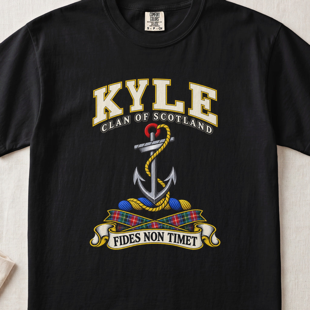 Kyle Scottish clan T-shirt in Black, front view with an anchor with a coiled rope and motto design.