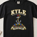 Kyle Scottish clan T-shirt in Black, front view with an anchor with a coiled rope and motto design.