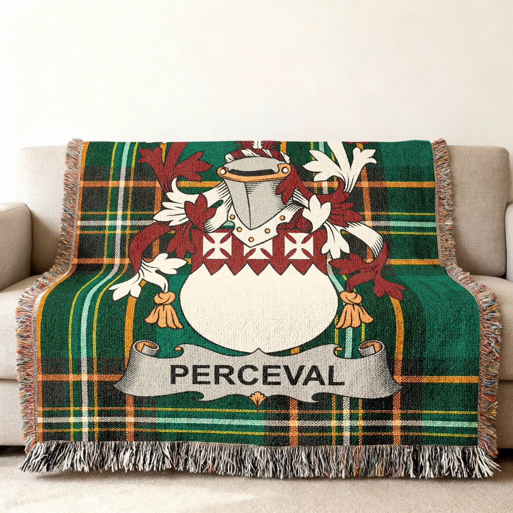 Green plaid throw blanket with Percival coat of arms and banner.