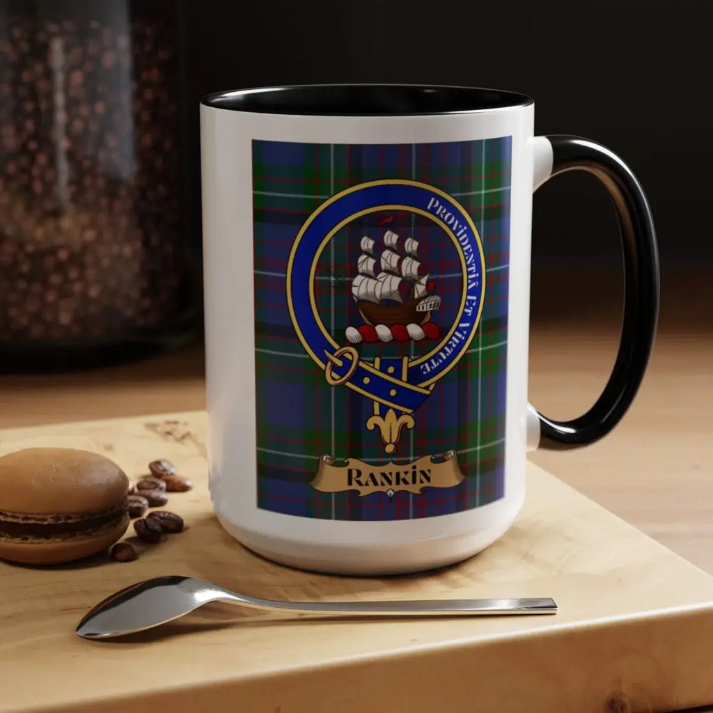 Close-up of the Rankin clan crest printed on a ceramic mug