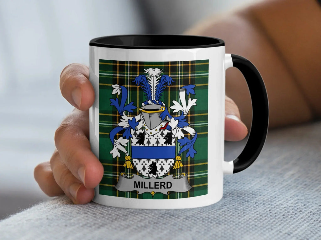 Millerd Irish Heritage Accent Mug with black handle and family crest