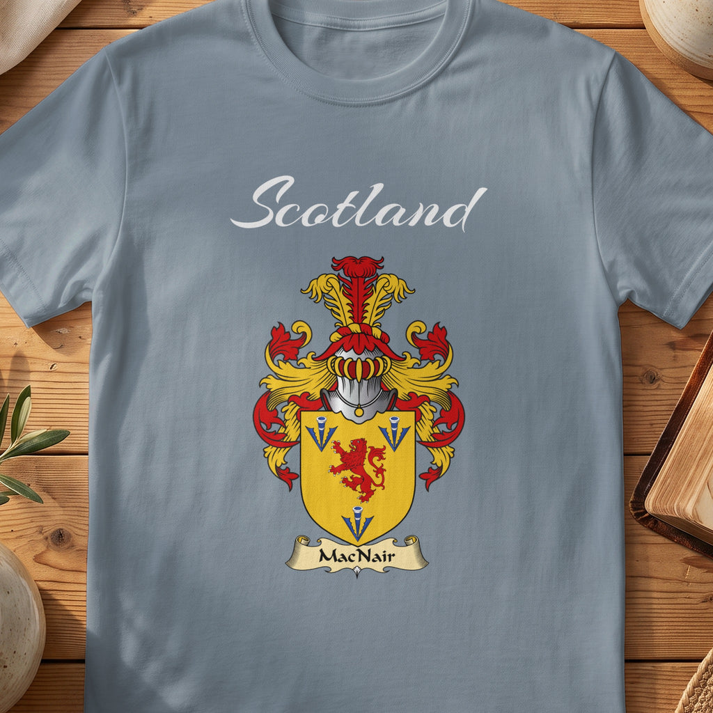 MacNair Scottish family shield T-shirt in Stone Blue