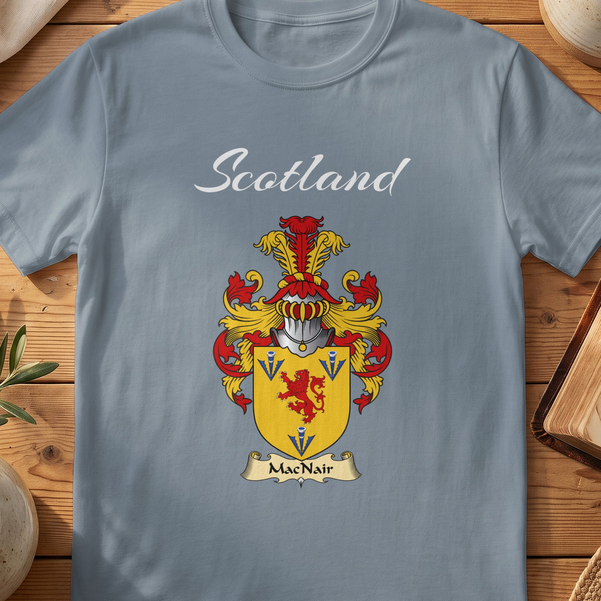 MacNair Scottish family shield T-shirt in Stone Blue