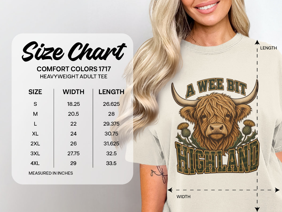 Comfort Colors 1717 size chart, S–4XL, for the A Wee Bit Highland Highland cow T-shirt