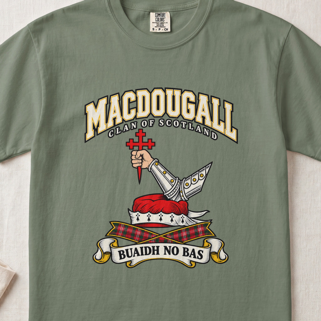 MacDougall graphic T-shirt in Moss green, front flat lay showing varsity lettering and bent arm in silver armour holding a pointed red cross.