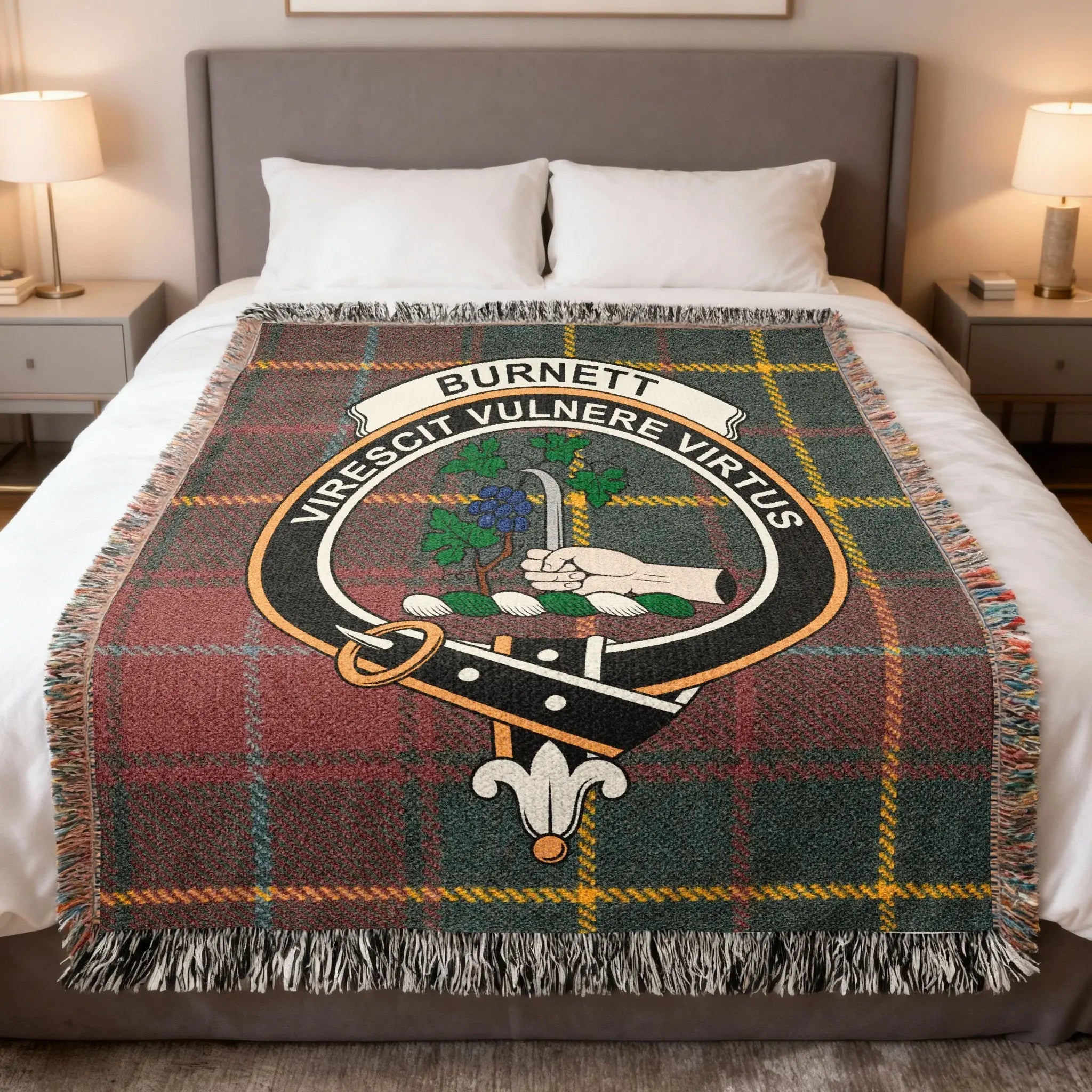 Clan Burnett virescit vulnere virtus woven blanket — 100% cotton, sofa display