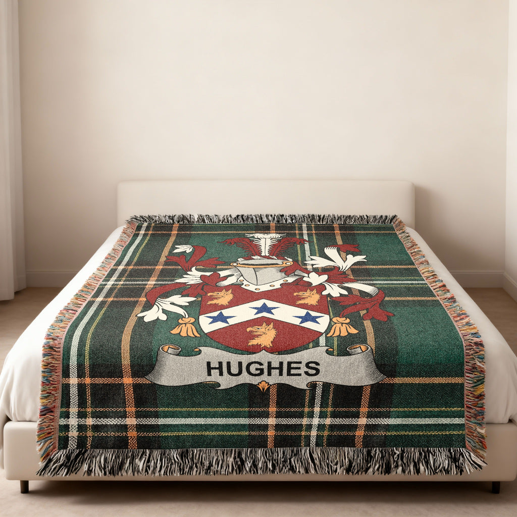 Hughes family crest emblem blanket displayed as home decor