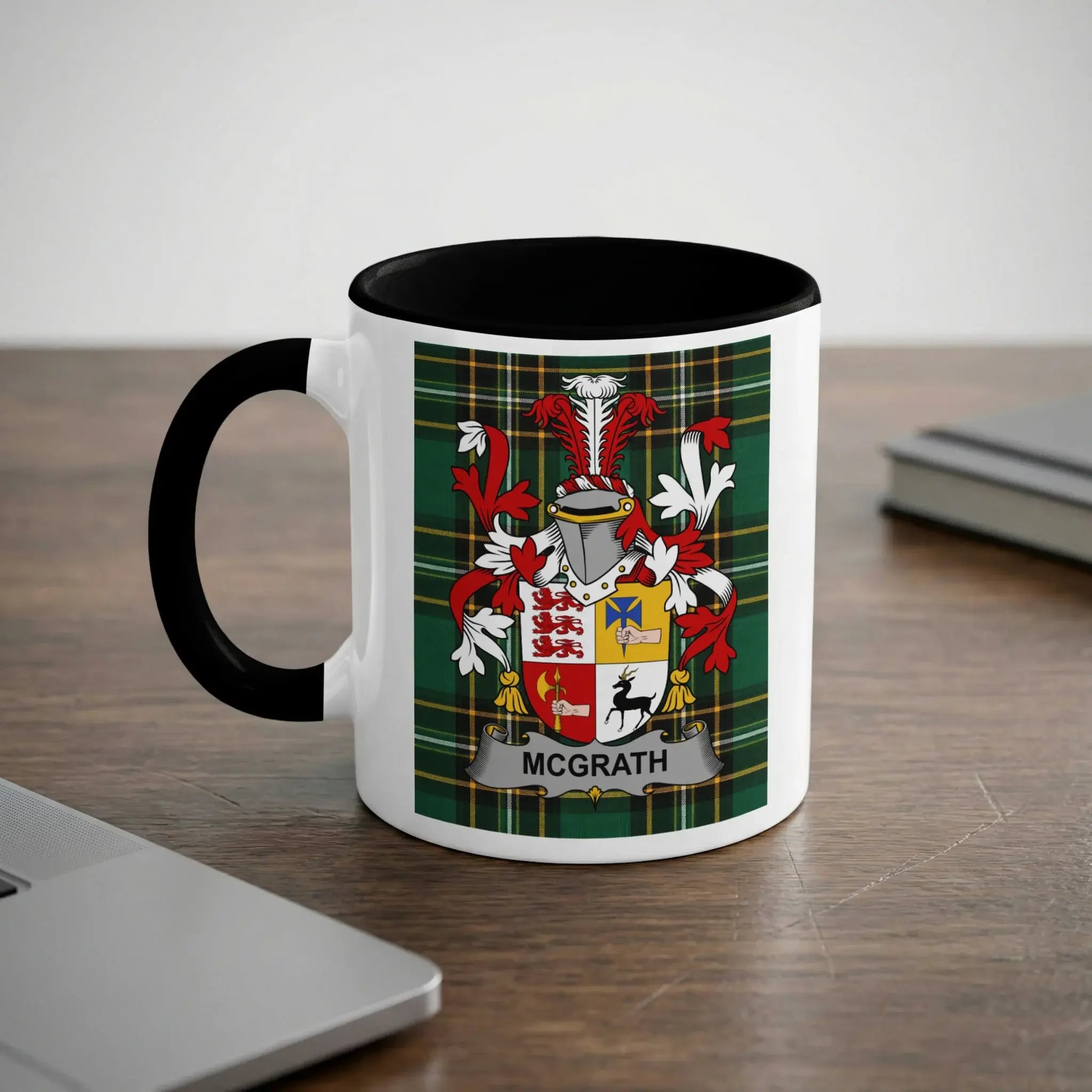 McGrath Irish heritage mug with black handle and family crest