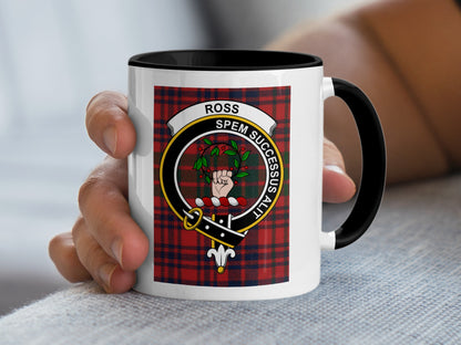 White mug with black rim featuring the Ross tartan and clan crest.