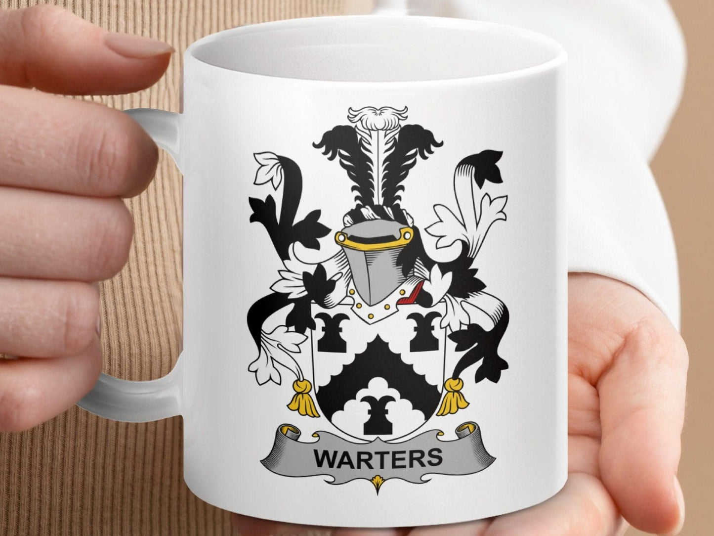 Warters Surname Family Crest Coat Of Arms Mug - Celtic Ancestry Gifts