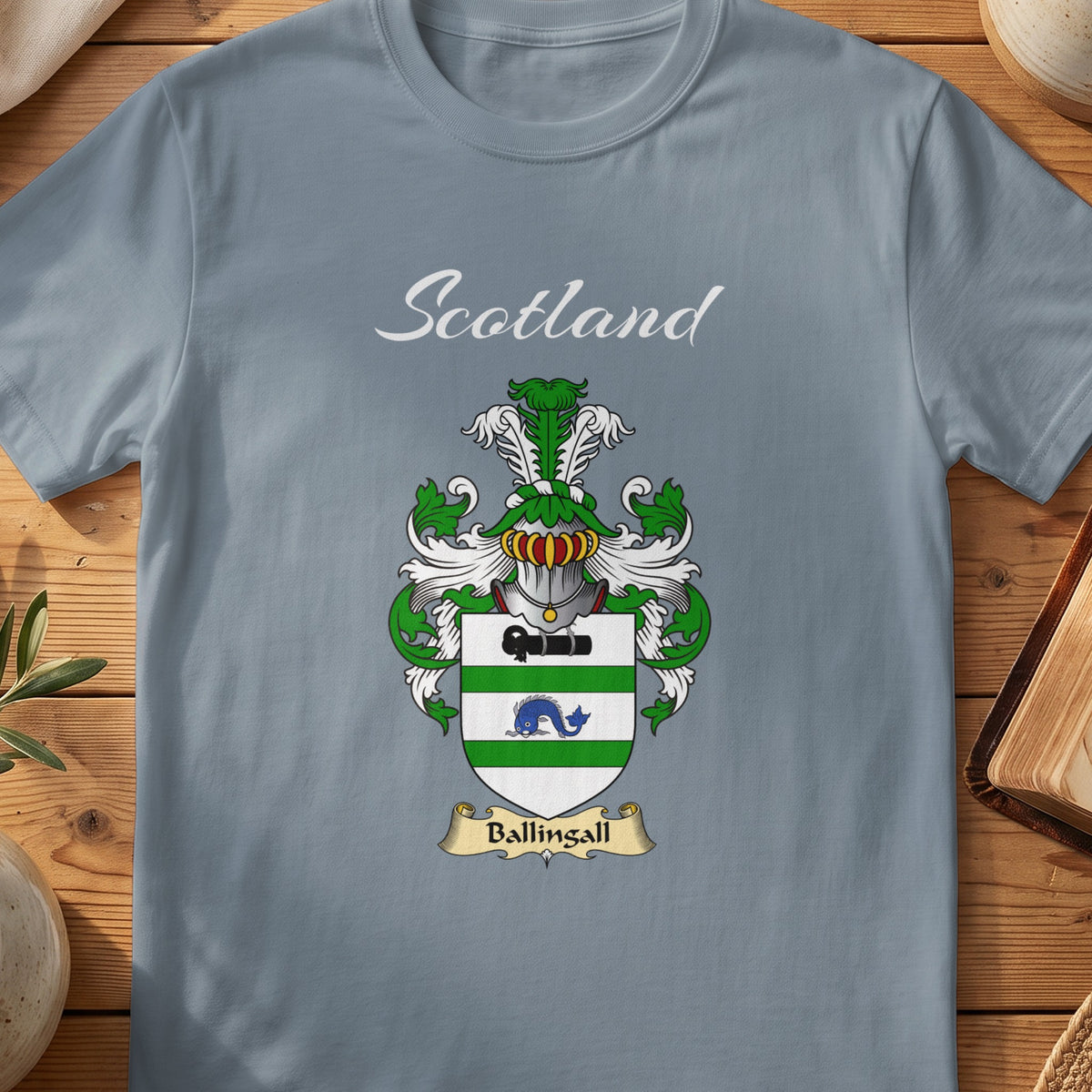 Ballingall Scottish family shield T-shirt in Stone Blue