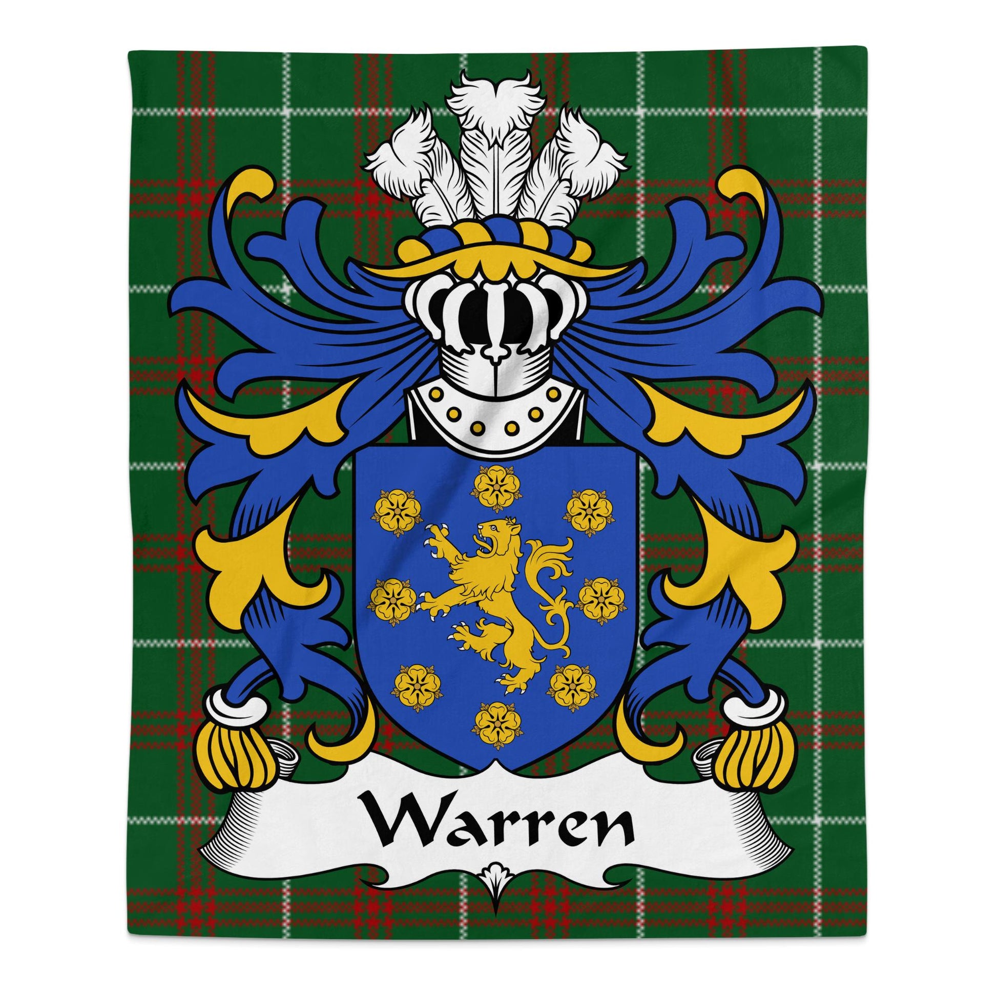 Warren Surname Coat of Arms on Welsh Tartan Blanket - Living Stone Gifts