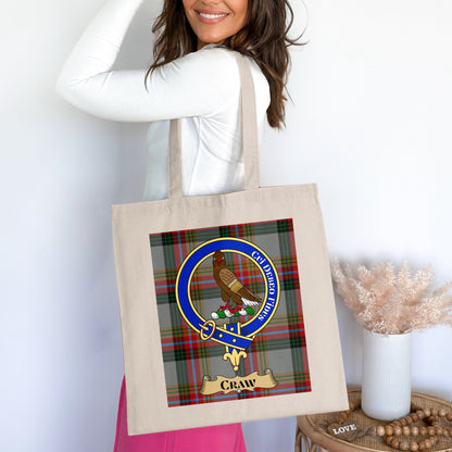 Iconic Craw Clan Crest on Colorful Tartan Tote Bag - Living Stone Gifts