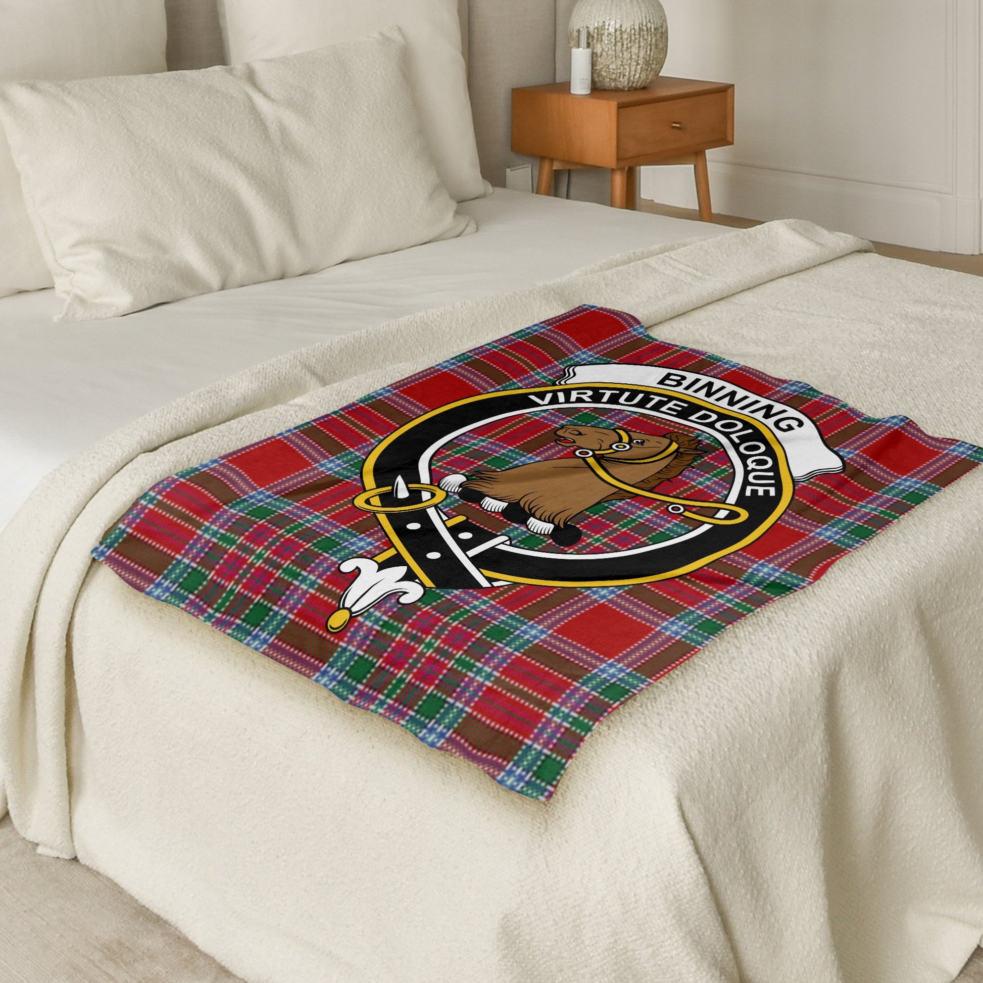 Binning Virtute Doloque Scottish Tartan Crest Throw Blanket - Living Stone Gifts