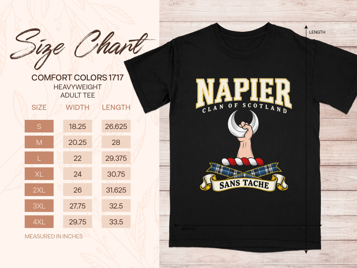 Napier Comfort Colors 1717 T-shirt size chart with black shirt illustration