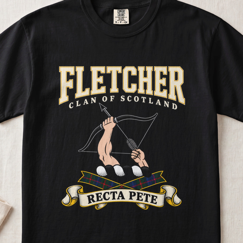 Fletcher Scottish clan graphic T-shirt in Black, front view