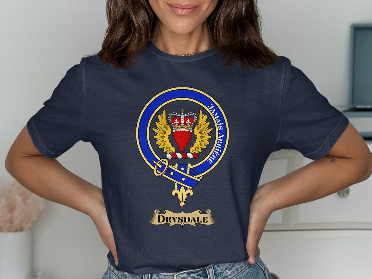 Drysdale Scottish clan crest design on navy T-shirt