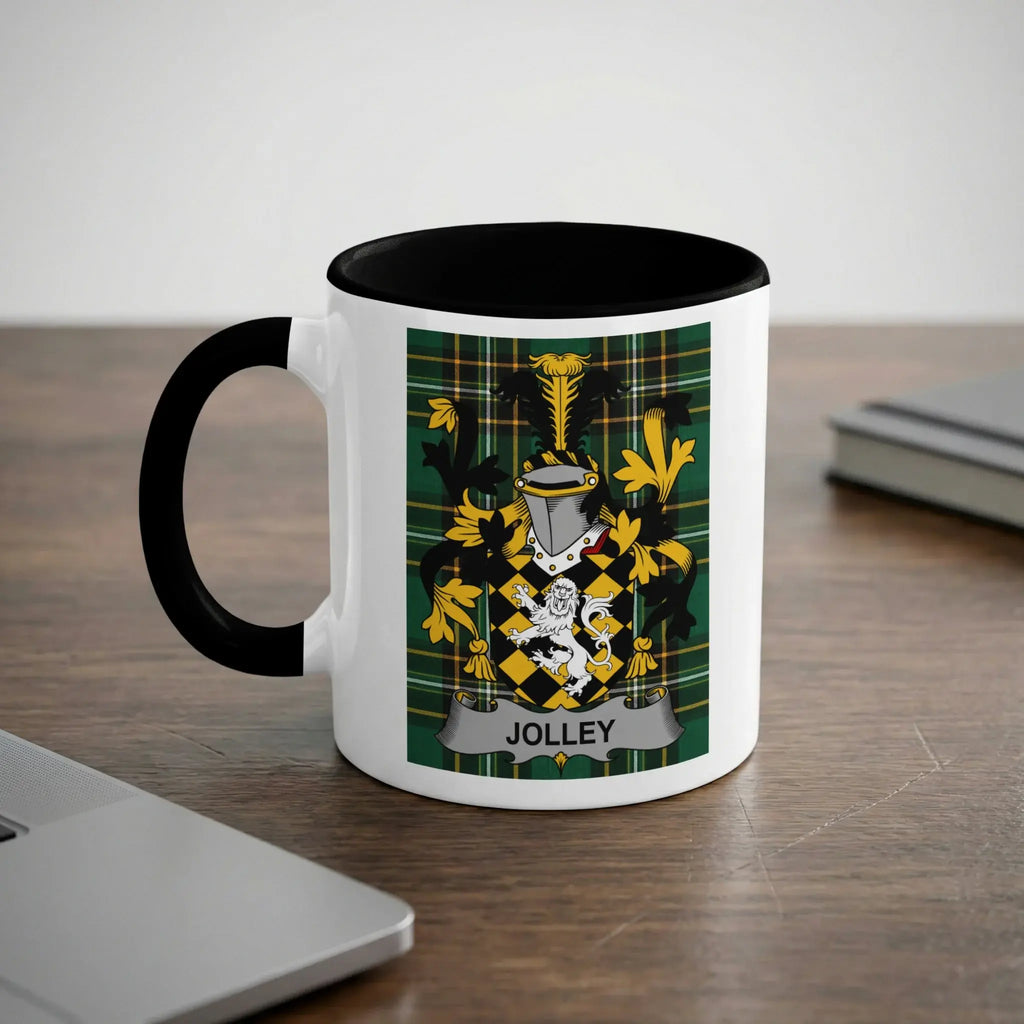 White mug with black rim and handle, featuring the Jolley coat of arms.