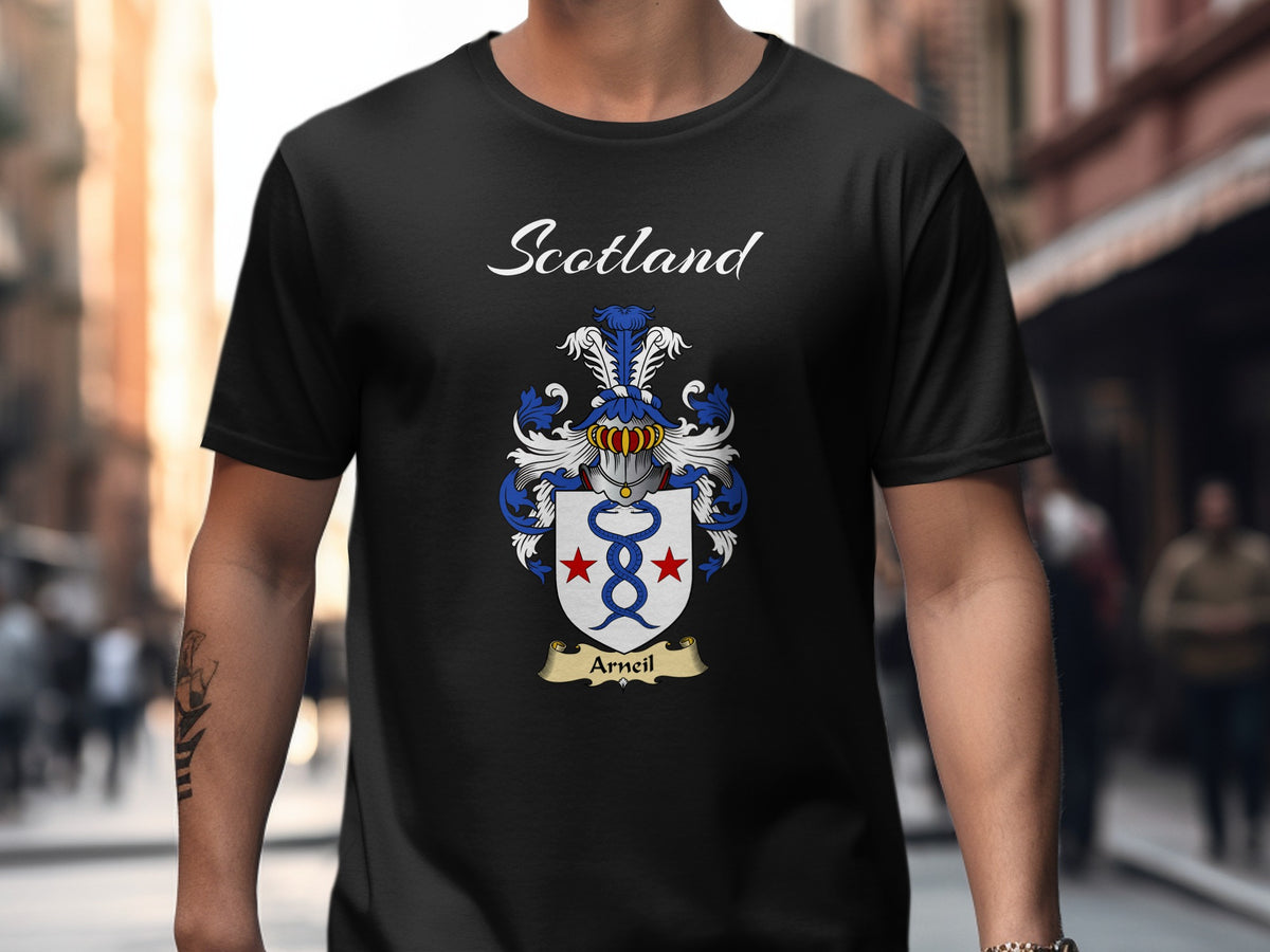 Arneil Scottish family shield design on Black T-shirt