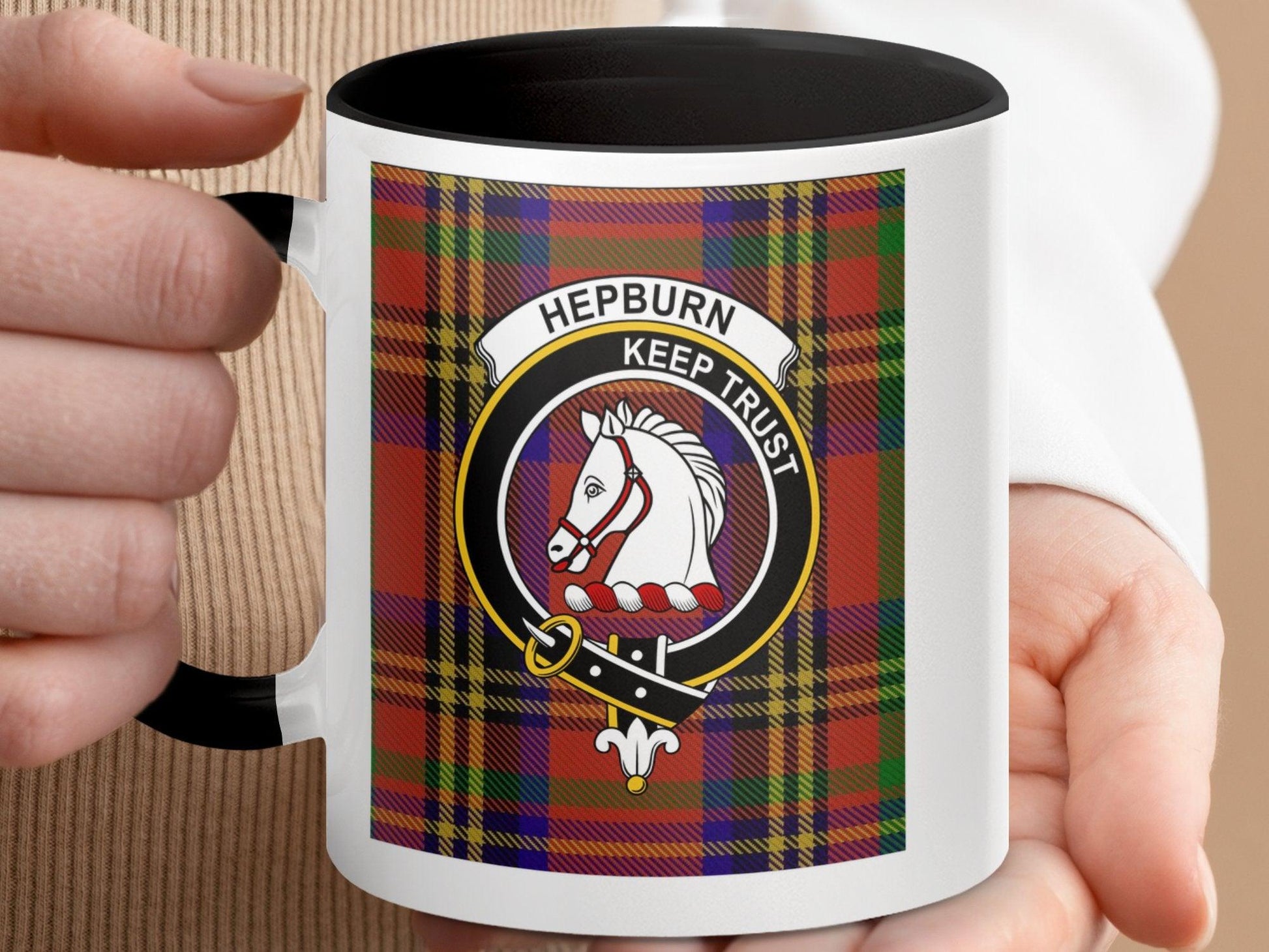 Hepburn Clan Crest Tartan Plaid Design Coffee Mug - Living Stone Gifts