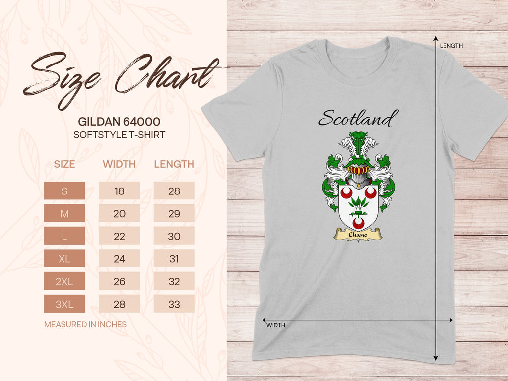 Gildan 64000 size chart for the Chane unisex T-shirt, sizes S to 3XL