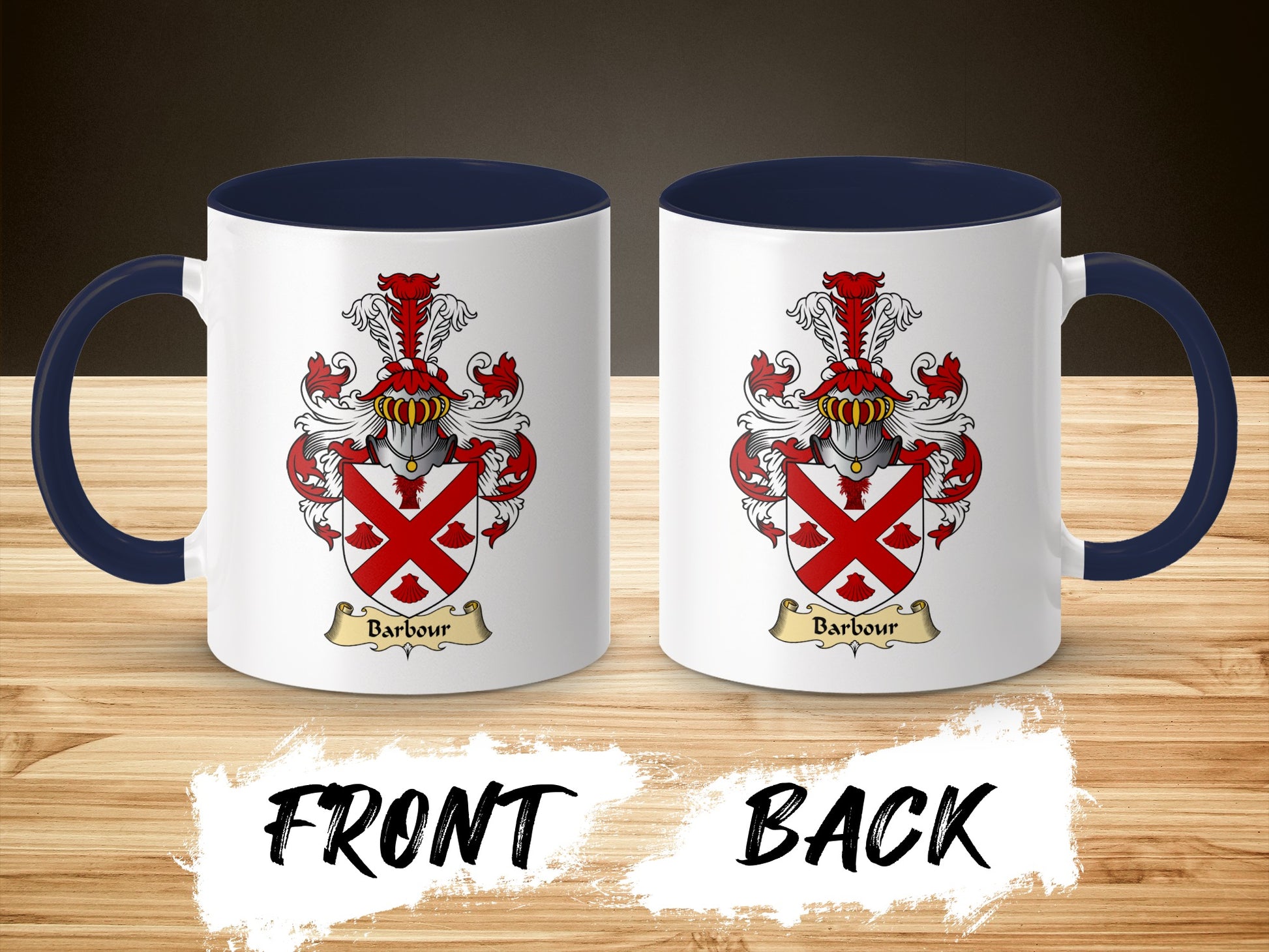 Two white mugs with navy handles, each displaying the Barbour family crest.