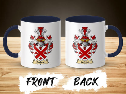 Two white mugs with navy handles, each displaying the Barbour family crest.