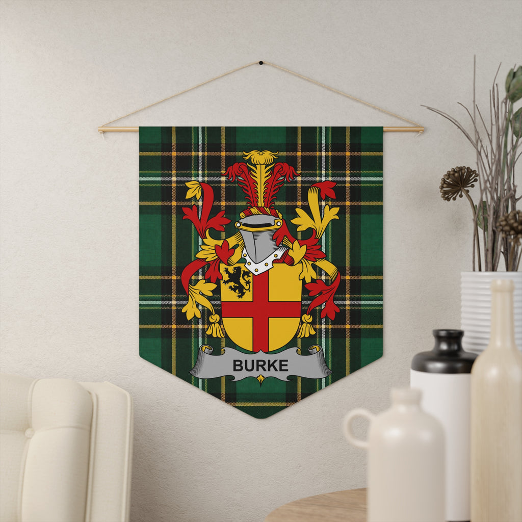 Burke surname emblem on green plaid pennant banner with decorative elements.