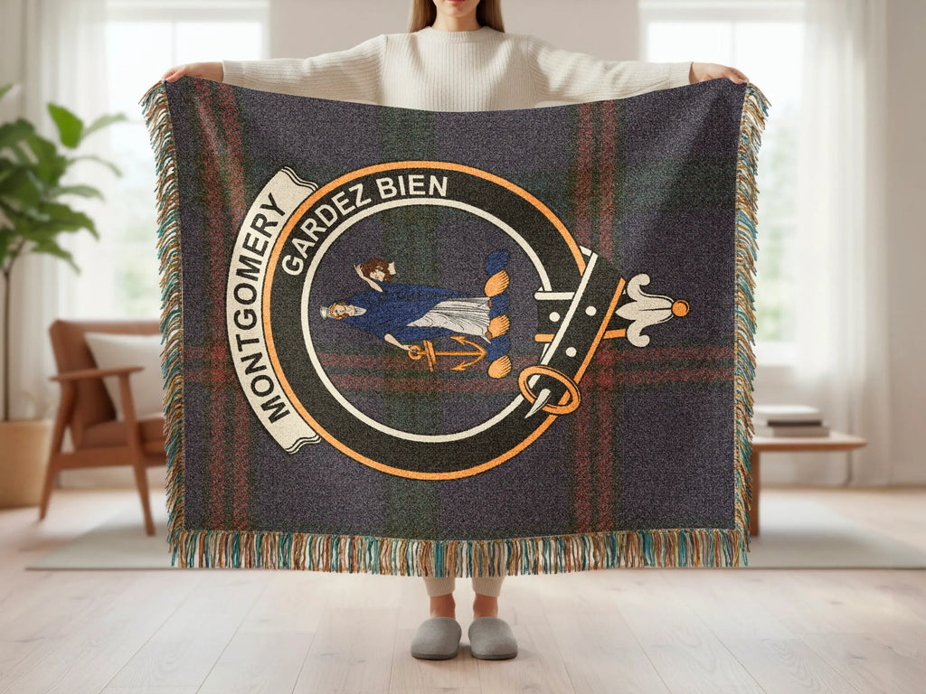 Montgomery Gardez Bien tartan woven throw blanket with fringe edge — clan crest in cotton
