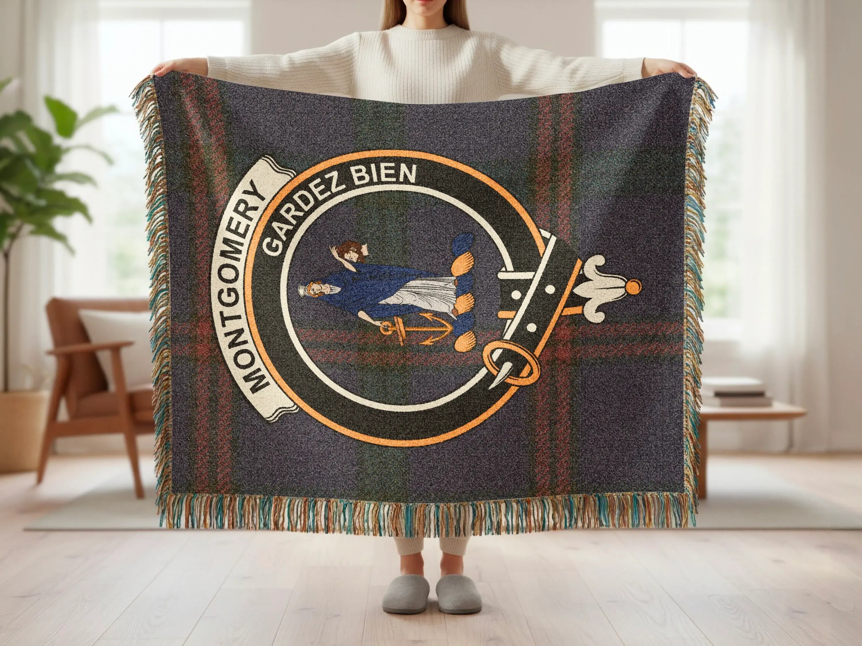 Montgomery Gardez Bien tartan woven throw blanket with fringe edge — clan crest in cotton