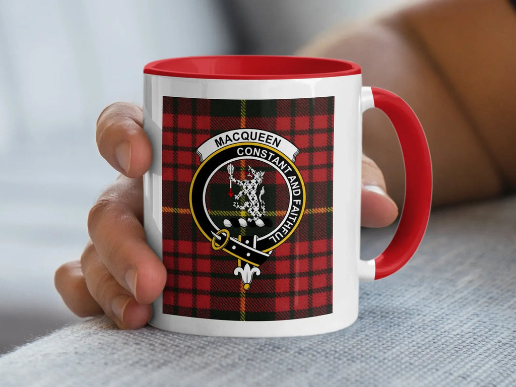 MacQueen Constant and Faithful family crest mug — 15oz accent mug with black handle and tartan print