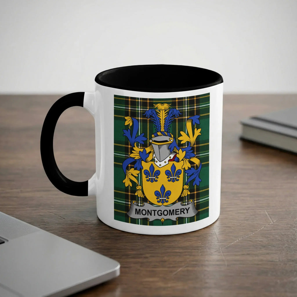 Montgomery Gardez Bien clan crest mug on tartan — Scottish heritage ceramic with coat of arms design