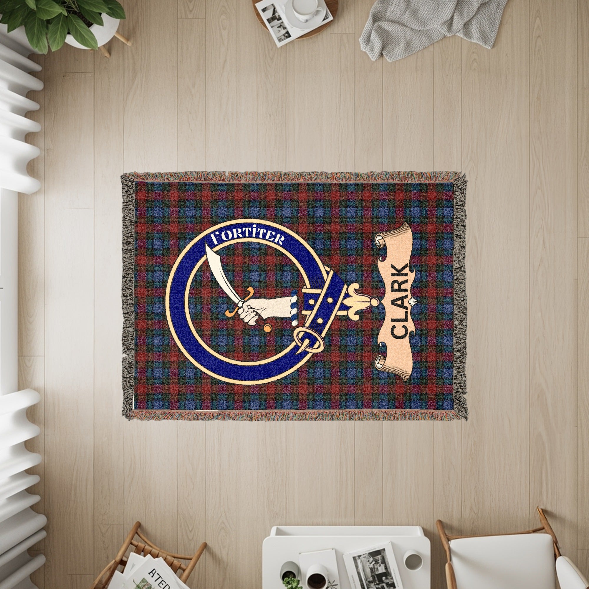 Clark tartan blanket with crest featuring sword and banner reading "Fortiter".
