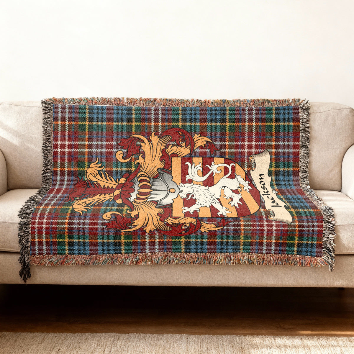 Jackson Scottish woven blanket with family shield and Caledonia tartan background