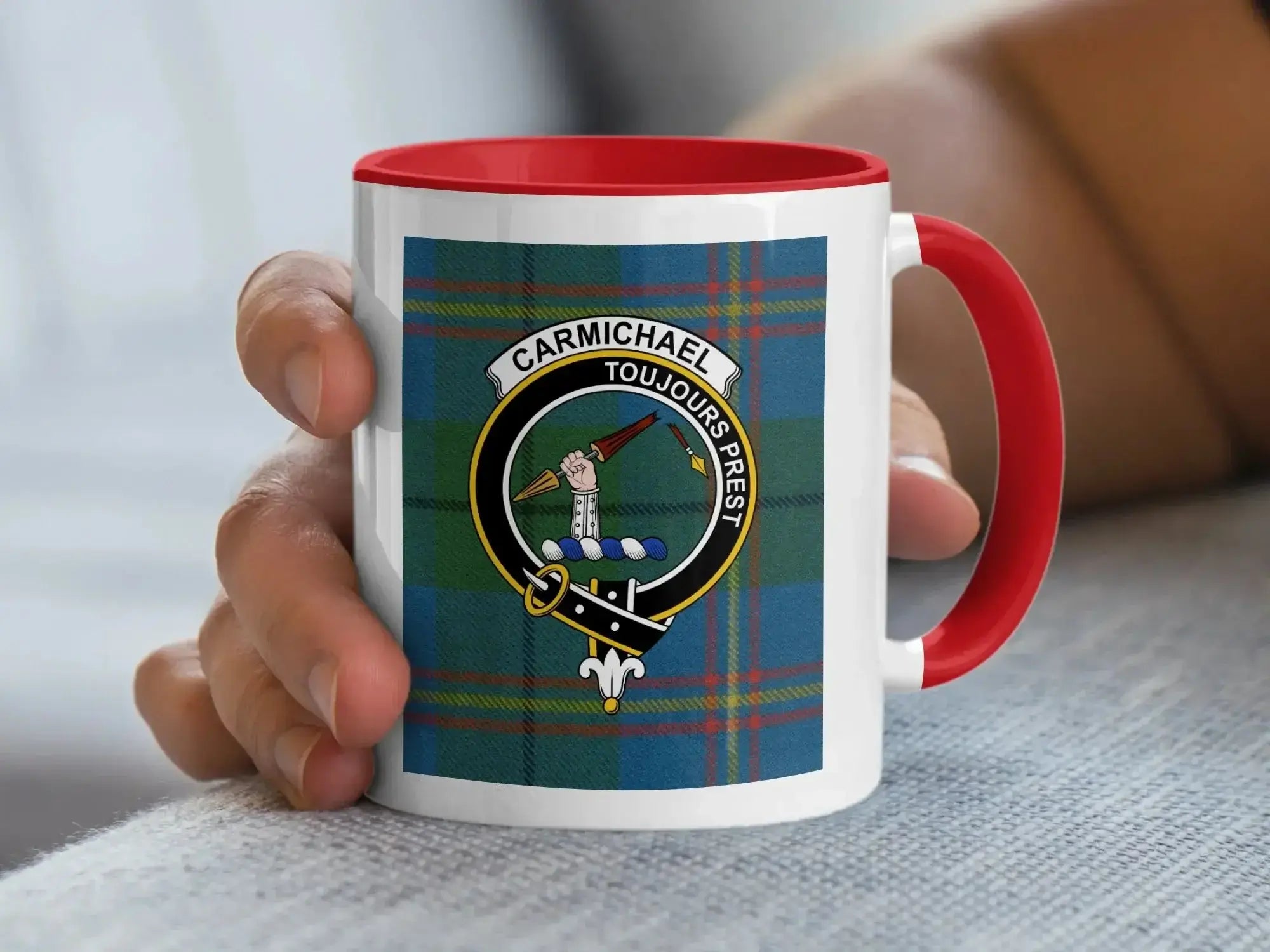 Carmichael clan tartan accent mug — navy handle, glossy ceramic 11 oz