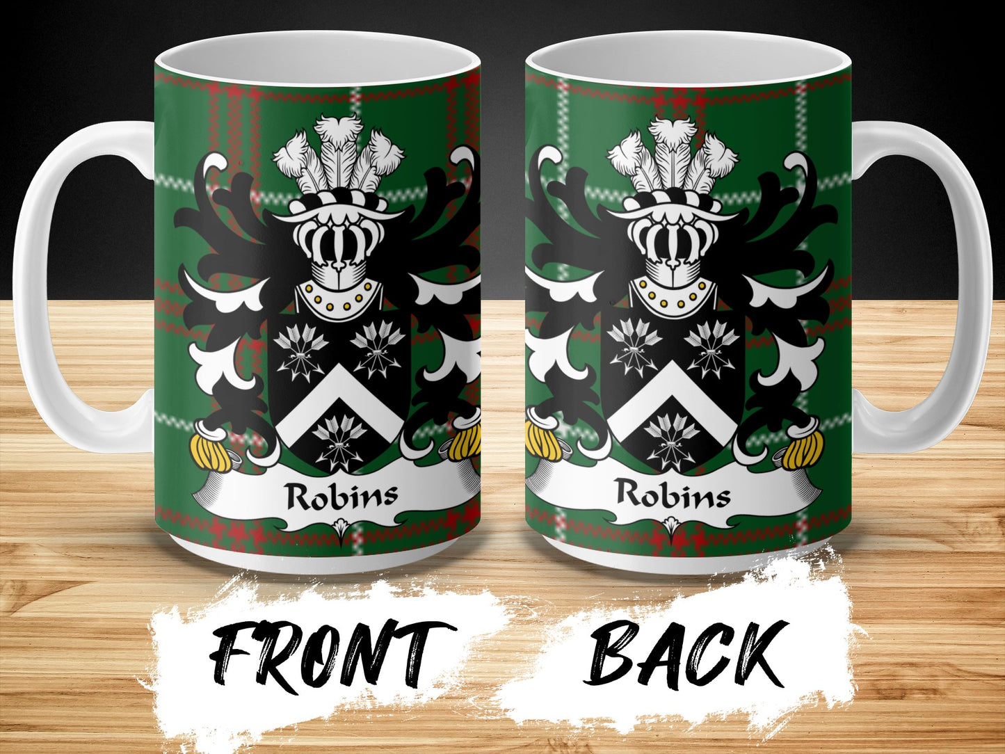 Robins Coat of Arms on Welsh Tartan Design Mug - Living Stone Gifts