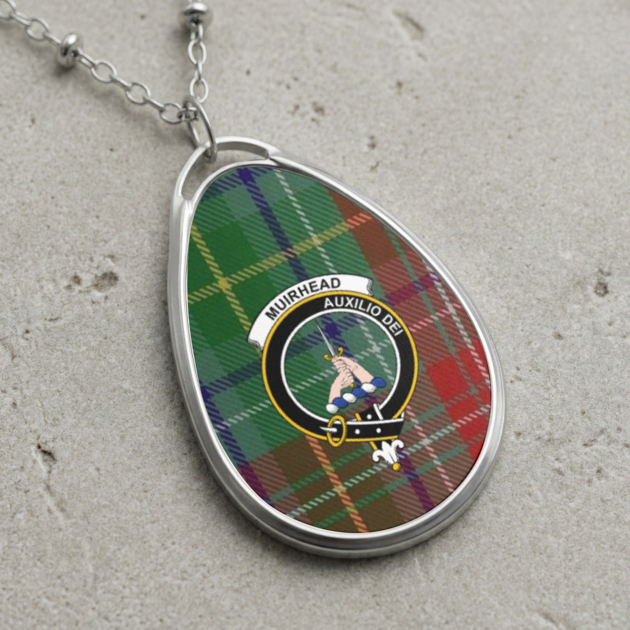 Oval tartan pendant with Muirhead Auxilio Dei clan crest and chain.