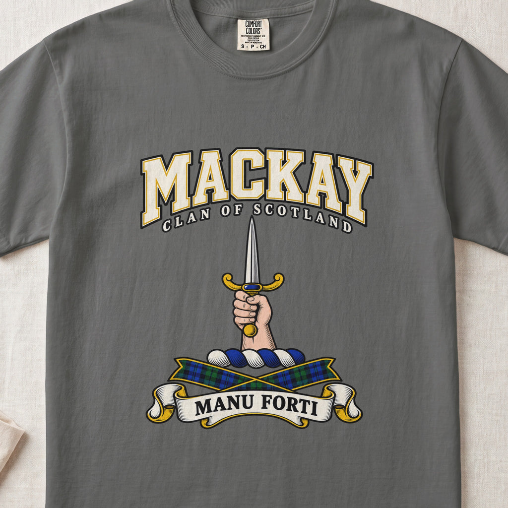 MacKay graphic T-shirt in Pepper gray, front flat lay showing varsity lettering and hand and forearm holding an upright silver dagger with gold hilt.